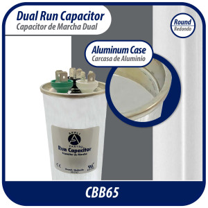 Appli Parts Dual Run Capacitor for ac 65+5 Mfd uF (microfarads) 370VAC or 450VAC CBB65 Round Universal fit for hvac and other applications 5-1/8 in High 2-1/4 in Wide CON-65/5-450