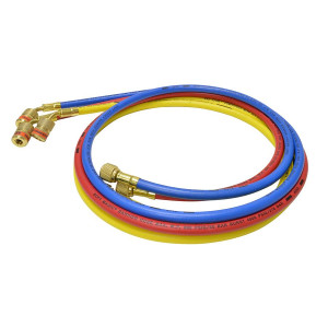 Uniweld EZ6HS Juego Mangueras Manometro 3 Mangueras 6 pies de largo Azul y Rojo con EZ-Turn Amarilla con Valvula de bola CFC/HCFC/HFC R410 Anti-Blowback Soft Magic