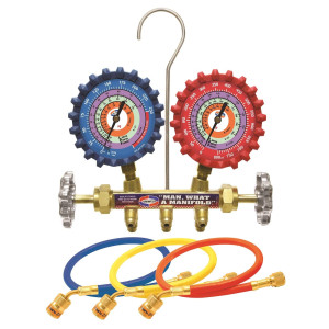 Uniweld QS4L6HEZ Juego Manometro Bronce 2 Valvulas Completo (R-410a/R-22/R-404a) psi/ F, Mangueras 6 pies Sofbarrier Ez Turn
