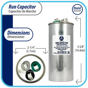 Appli Parts Dual Run Capacitor for ac 80+10 Mfd uF (microfarads) 370VAC or 450VAC CBB65 Round Universal fit for hvac and other applications 5-5/8 in High 2-1/4 in Wide CON-80/10-450