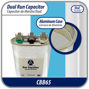 Appli Parts CON-55/5-370 Dual Run Capacitor for ac 55+5 Mfd uF (microfarads) 370VAC CBB65 Oval Universal fit for hvac and other applications 2-3/4in Wide 1-3/4in Depth 5-1/4in High