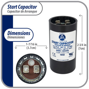 Appli Parts CON-124-110 Capacitor de Arranque 124-149 MFD (microfaradios) uF, 110-125 VAC. Universal para Motores Electricos, condensador de arranque de 3.7 cm de Diametro, 7 cm de Alto