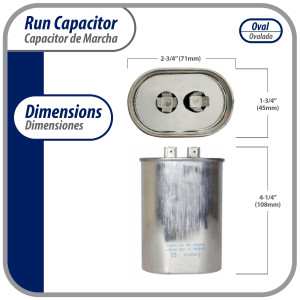 Appli Parts Run Capacitor for ac 20 Mfd uF (microfarads) 370VAC CBB65 Oval Universal fit for hvac and other applications in 2-3/4 in Wide 1-3/4 in Depth 4-1/4 in Height CON-20-370 