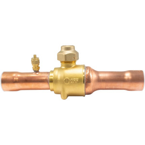 Appli Parts APBV-118 Valvula de Cierre 1-1/8 in tipo Bola de conexion soldable con puerto de servicio SAE de 1/4 in, presion maxima de trabajo 610 psi temperaturas de -30C a 120C longitud total 215mm