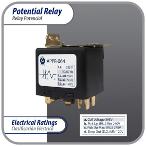 Appli Parts APPR-064 Relay Potencial 064, Voltaje de Bobina 395 V, Recogida Minima 260 V, Recogida Maxima 275 V, Caida Maxima 120 V, 50/60Hz Remplazo universal para refrigeracion y aire acondicionado