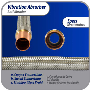 Appli Parts APVE-118 Antivibrador 1-1/8 pulg Soldable Eliminador de Vibracion 33cm Largo 450psi presion maxima de trabajo y 3.265psi presion de rotura