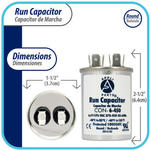 Appli Parts Run Capacitor for ac 6 Mfd uF (microfarads) 370 VAC or 450 VAC CBB65 Round Universal fit for hvac and other applications 2-1/2 in High 1-1/2 in Wide CON-6-450