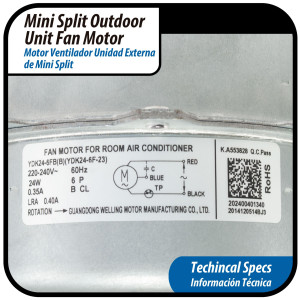 Fan Motor single phase asynchronous Outdoor Unit YKT-24-6-10L RoHS YDK24-6FB(B) (YDK24-6F-23) 220-240V/60Hz 24W 6p 0.35A Bcl LRA 0.40A 202400401340, 11002012000833  Fits: NBCM018C10B, PAC12047, X2