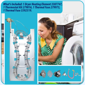 3387747 Appli Parts Heating Element Kit Replacement for Whirlpool Dryers and other models Includes 1 x 3387747 dryer heating element 1 x Thermostat 279816AP 1 x 279973AP and 3392519AP Thermal Fuse