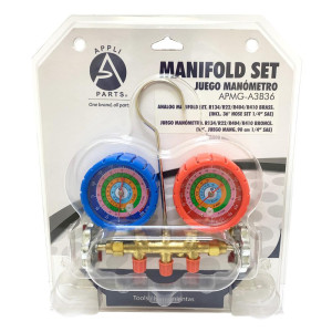 Appli Parts APMG-A3B36 R134,R22,R404,R410a Manifold Gauge Set, Brass Body, Includes 36 in long 1/4in SAE Hose Set and 5/16 in to 1/4 in SAE Adapter, Pressure psi, Temperature Fahrenheit Scales