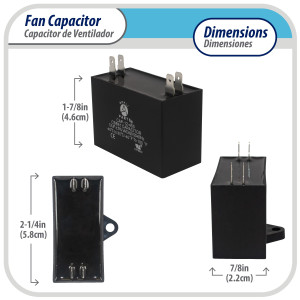 Appli Parts Fan Capacitor 18 mfd (microfarads) uf 250 VAC with 4 Terminal Connections compatible with any brand within the same range of capacitance 2-1/4in Width 7/8in Depth 1-7/8in Height CAP-18-250