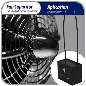 Appli Parts Fan Capacitor 5 mfd (microfarads) uf 250 VAC with 2 Wire Terminal Connections compatible with any brand with same capacitance 1-7/8in Width 3/4in Depth 1-1/8in Height CAP-5-250-2C