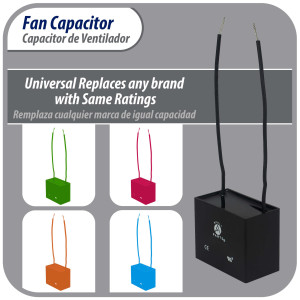 Appli Parts Condensador Capacitor de ventilador 5 mfd (microfaradios) uf 250VAC con 2 cables compatible con cualquier marca de igual capacitancia 4.7cm Ancho 1.8cm Prof 2.8cm Alto CAP-5-250-2C