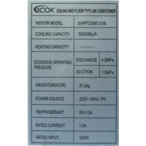 Consola Piso-Techo 36.000btu R410 230v/60hz/1ph Ecox Inverter Eihptc036cxxb (Solo Con Eihcu036cxxb)