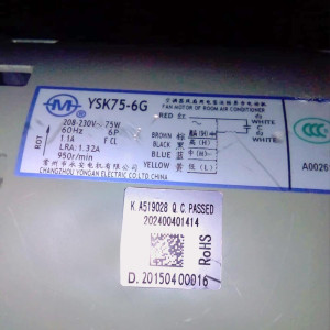 Fan Motor Indoor Unit Ecox Vrf Ysk75-6g 208-230v/60hz 75w 6p 1.1a Lra 1.32a 950r-Min 11002012000949 / 202400401414
Fits: Ea5d32c00b / Ea5d28c00b