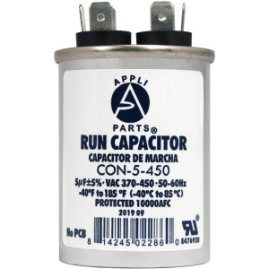Appli Parts Run Capacitor for ac 5 Mfd uF (microfarads) 370 VAC or 450 VAC CBB65 Round Universal fit for hvac and other applications 2-1/2 in High 1-1/2 in Wide CON-5-450
