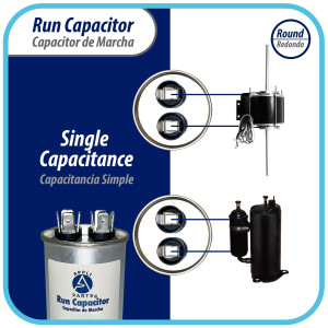 Appli Parts Run Capacitor for ac 5 Mfd uF (microfarads) 370 VAC or 450 VAC CBB65 Round Universal fit for hvac and other applications 2-1/2 in High 1-1/2 in Wide CON-5-450