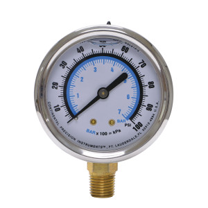 Uniweld GSL313-3 Esfera de 2.5 pulg Rellena de Liquido (Glicerina), Conector 1/4 pulg NPT, 0-100 Psi, 0-7 Bar