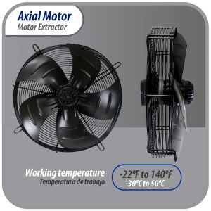Appli Parts AXF-630-4 Extractor Axial 630 mm (24-3/4 pulg) 220-440 V, 3 ph, 60 Hz, 900 W, 1550 rpm, Rango Temperatura -30 C a 60 C, incluye aspa y base tipo jaula