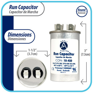 Appli Parts Run Capacitor for ac 10 Mfd uF (microfarads) 370 VAC or 450 VAC CBB65 Round Universal fit for hvac and other applications 3 in High 1-1/2 in Wide CON-10-450