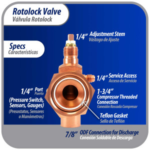 Appli Parts APRV-VA07 Valvula Rotolock V07 1-3/4 pulg x 7/8 pulg Soldable con puertos de acceso de 1/4 pulg Universal para sistemas de refrigeracion y aire acondicionado