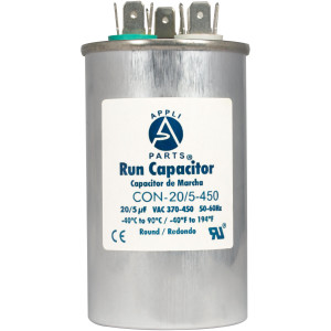Appli Parts Dual Run Capacitor for ac 20+5 Mfd uF (microfarads) 370VAC or 450VAC CBB65 Round Universal fit for hvac and other applications 3-7/8 in High 2 in Wide CON-20/5-450 