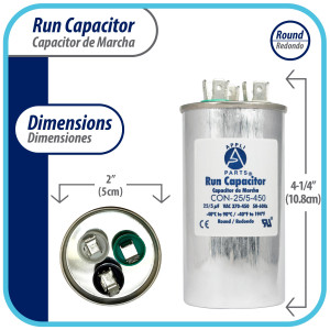 Appli Parts Condensador Capacitor de Marcha 25+5 Mfd uF (microfaradios) 370VAC o 450VAC CBB65 Universal Aire acondicionado y otras aplicaciones Redondo UL E476928 10.8cm Alto 5cm Ancho CON-25/5-450