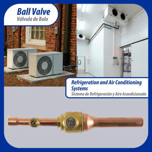 Appli Parts APBV-038 Valvula de Cierre 3/8 in tipo Bola de conexion soldable con puerto de servicio SAE de 1/4 in, presion maxima de trabajo 610 psi temperaturas de -30 C a 120 C longitud total 165mm