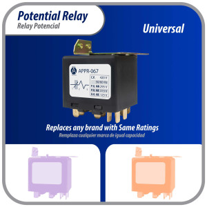Appli Parts APPR-067 Relay Potencial 067, Voltaje de Bobina 420 V, Recogida Minima 295 V, Recogida Maxima 315 V, Caida Maxima 125 V, 50/60Hz Remplazo universal para refrigeracion y aire acondicionado