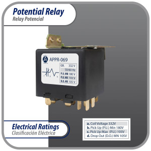 Appli Parts APPR-069 Relay Potencial 069, Voltaje de Bobina 332 V, Recogida Minima 180 V, Recogida Maxima 193 V, Caida Maxima 105 V, 50/60Hz Remplazo universal para refrigeracion y aire acondicionado