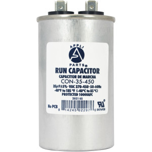 Appli Parts Condensador Capacitor de Marcha 35 Mfd uF (microfaradios) 370VAC o 450VAC CBB65 Universal Aire acondicionado y otras aplicaciones Redondo UL E476928 9.3cm Alto 4.7cm Ancho CON-35-450