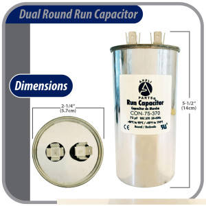 Appli Parts Condensador Capacitor de Marcha 75 Mfd uF (microfaradios) 370VAC CBB65 Universal Aire acondicionado y otras aplicaciones Redondo UL E476928 14cm Alto 5.7cm Ancho CON-75-370-R