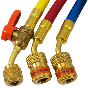 Uniweld EZ5HS Juego Mangueras Manometro 3 Mangueras 5pies de largo Azul y Rojo con EZ-Turn, Amarilla con Valvula de bola CFC/HCFC/HFC R410 Anti-Blowback Soft Magic