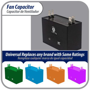 Appli Parts Fan Capacitor 15 mfd (microfarads) uf 250 VAC with 4 Terminal Connections compatible with any brand within the same range of capacitance 2-1/4in Width 7/8in Depth 1-3/4in Height CAP-15-250