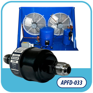 Appli Parts APFD-033 3/8 in Liquid Line Refrigerant AC Filter Drier hvac Refrigeration 033 SAE Flare connection universal unidirectional 4-1/2 in long 1-3/4 in wide  