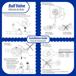 Appli Parts APBV-058 5/8 in Shut Off Ball Valve ODF Universal Replacement 610 psi (4.2 Mpa) max pressure -22 F to 248 F work temperature with 1/4 in SAE service port, with 6-1/2 in overall length