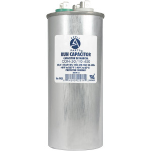 Appli Parts Dual Run Capacitor for ac 50+10 Mfd uF (microfarads) 370VAC or 450VAC CBB65 Round Universal fit for hvac and other applications 5-5/8 in High 2-1/8 in Wide CON-50/10-450
