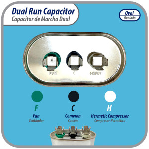 Appli Parts Dual Run Capacitor for ac 80+5 Mfd uF (microfarads) 370VAC CBB65 Oval Universal fit for hvac and other applications 3-1/2in Wide 1-3/4in Depth 4-3/4in High CON-80/5-370