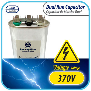 Appli Parts Dual Run Capacitor for ac 80+5 Mfd uF (microfarads) 370VAC CBB65 Oval Universal fit for hvac and other applications 3-1/2in Wide 1-3/4in Depth 4-3/4in High CON-80/5-370