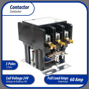 Contactor 3 Polos 60A 24V repuesto para compresores de CA y otras aplicaciones electricas Certificacion UL E476929 de Trabajo Pesado, Appli Parts modelo APAC-36024
