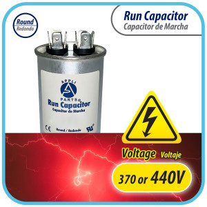 Appli Parts Run Capacitor for ac 30 Mfd uF (microfarads) 370 VAC or 450 VAC CBB65 Round Universal fit for hvac and other applications 3-7/8in High 1-3/4in Wide CON-30-450