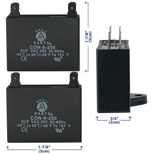 Appli Parts Fan Capacitor 6 mfd (microfarads) uf 250 VAC 4 Terminal Connections compatible with any brand within the same range of capacitance 1-7/8in Width 3/4in Depth 1-3/4in Height CAP-6-250