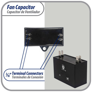 Appli Parts Condensador Capacitor de ventilador 2.5 mfd (microfaradios) uf 450VAC con conectores compatible con cualquier marca de igual capacitancia 3.7cm Ancho 1.8cm Prof 3.7cm Alto CAP-2.5-450