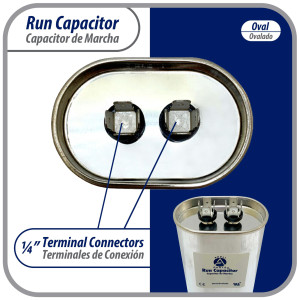 Appli Parts Run Capacitor for ac 35 Mfd uF (microfarads) 370VAC CBB65 Oval Universal fit for hvac and other applications 2-7/8in Wide 1-7/8 Depth 3-1/4in High CON-35-370 