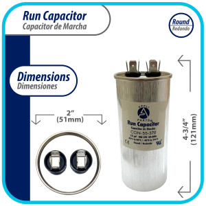 Appli Parts Condensador Capacitor de Marcha 55 Mfd uF (microfaradios) 370VAC CBB65 Universal Aire acondicionado y otras aplicaciones Redondo UL E476928 12cm Alto 5.1cm Ancho CON-55-370-R