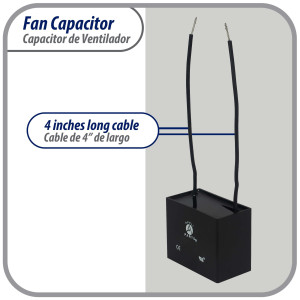 Appli Parts Fan Capacitor 3 mfd (microfarads) uf 250 VAC with 2 Wire Terminal Connections compatible with any brand with same capacitance 1-7/8in Width 1/2in Depth 1-1/8in Height CAP-3-250-2C