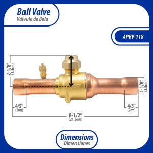 Appli Parts APBV-138 1-3/8 in Shut Off Ball Valve ODF Universal Replacement 610 psi (4.2 Mpa) max pressure -22 F to 248 F work temperature with 1/4 in SAE service port, with 10 in overall length