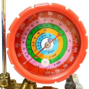 Appli Parts APMG-A3B36S R134,R22,R404,R410 Manifold Gauge Set, Brass Body with Sight-glass, Includes 36 in long 1/4 in SAE Hose Set, Pressure psi, Temperature Fahrenheit Scales