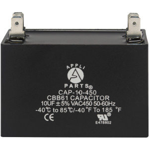 Appli Parts Fan Capacitor 10 mfd (microfarads) uf 450 VAC 4 Terminal Connections compatible with any brand within the same range of capacitance 2-1/4in Width 7/8in Depth 1-7/8in Height CAP-10-450