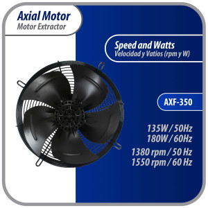 Appli Parts AXF-350 Extractor Axial 350 mm (13-3/4 pulg) 220 V, 1 ph, 50-60 Hz, 180 W, 1550 rpm, Rango Temperatura -30 C a 60 C, incluye aspa y base tipo jaula